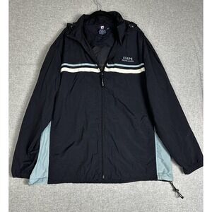 VTG Chaps Ralph Lauren Jacket‎ L Black Packable Hood Windbreaker Full Zip Stripe